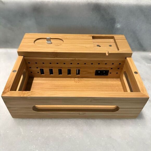 Bamboo Charging Station Dock 6 Ports Desktop Stand Organizer For Phone & Tablet - Picture 3 of 6